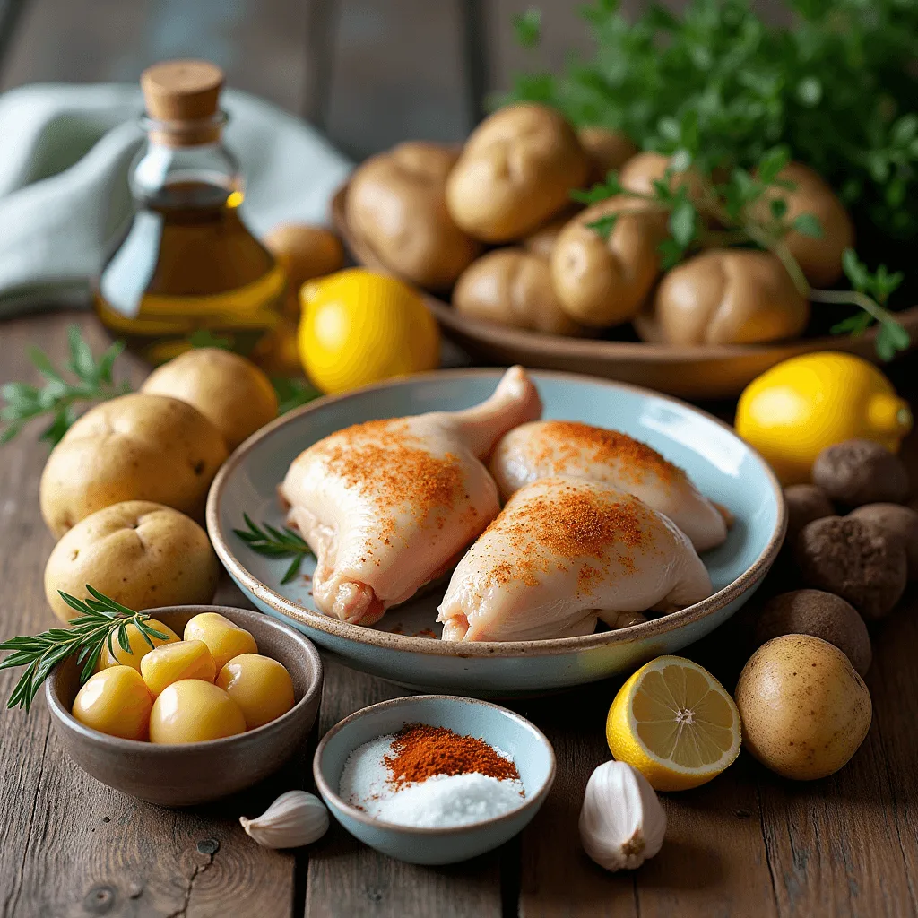
Ingredients for one-pan chicken and potatoes: bone-in, skin-on chicken thighs and drumsticks, baby potatoes, olive oil, fresh lemon, garlic, 7-spice blend, paprika, salt, and pepper, all arranged on a rustic wooden table, ready to create a flavorful, comforting meal.