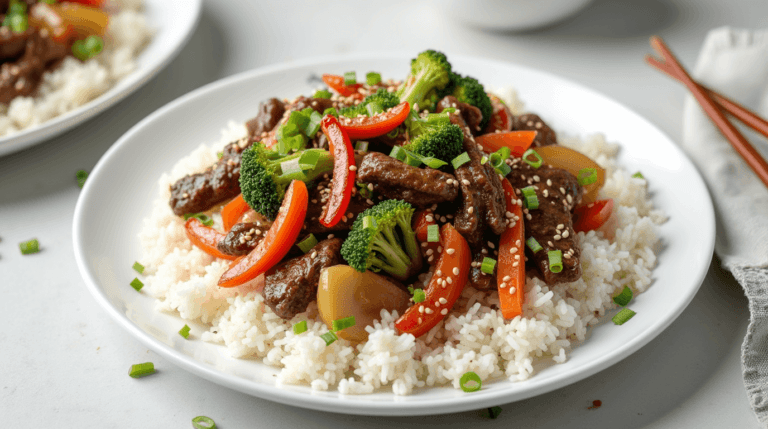 A plate of beef stir-fry served over steamed white rice, garnished with sesame seeds and green onions, with chopsticks and a napkin on the side.