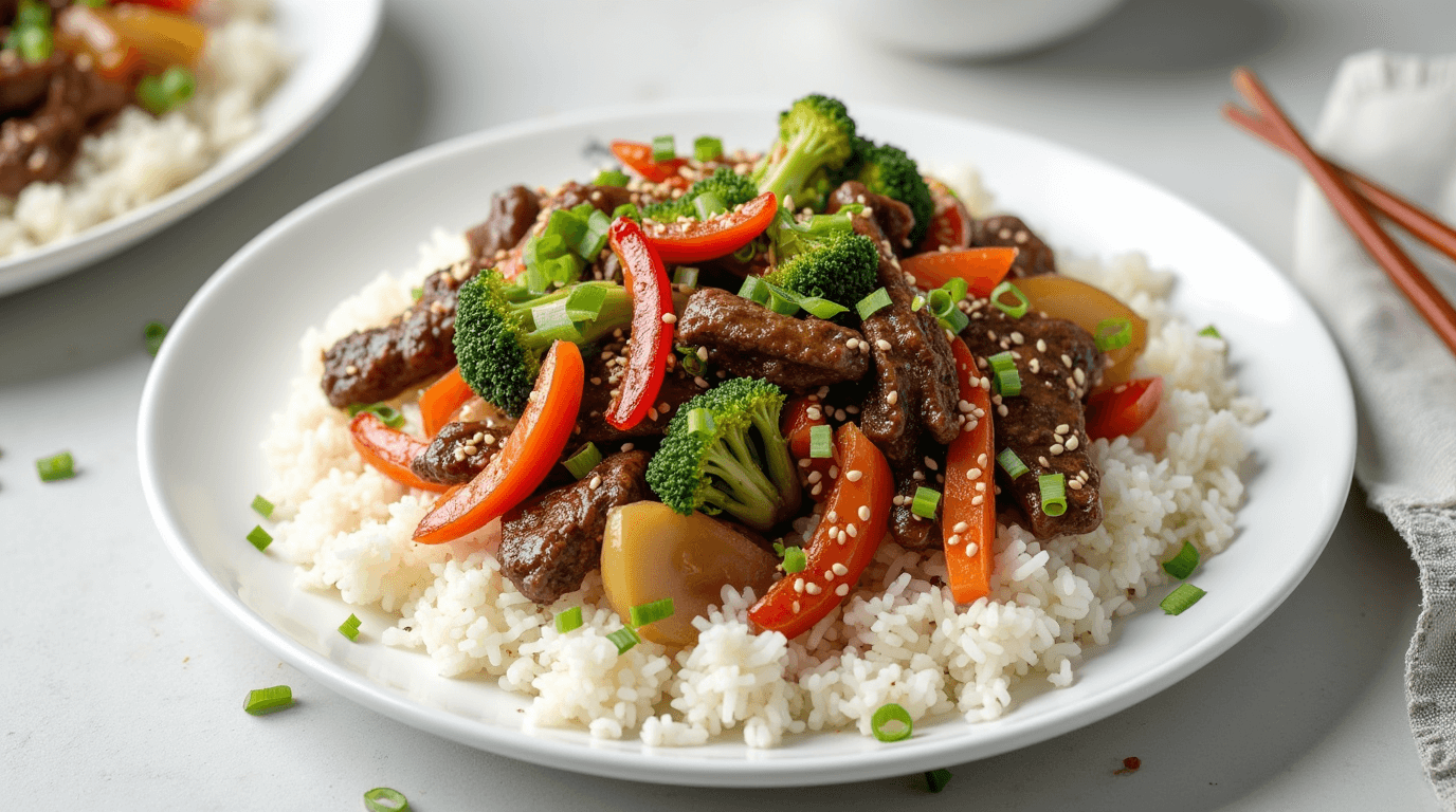 A plate of beef stir-fry served over steamed white rice, garnished with sesame seeds and green onions, with chopsticks and a napkin on the side.
