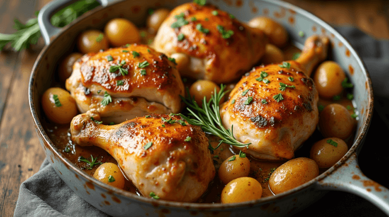 A delicious one-pan chicken and potatoes dish with crispy, golden chicken thighs and drumsticks, roasted baby potatoes, and garnished with fresh herbs, olive oil, and lemon juice. Perfect for a comforting weeknight dinner.
