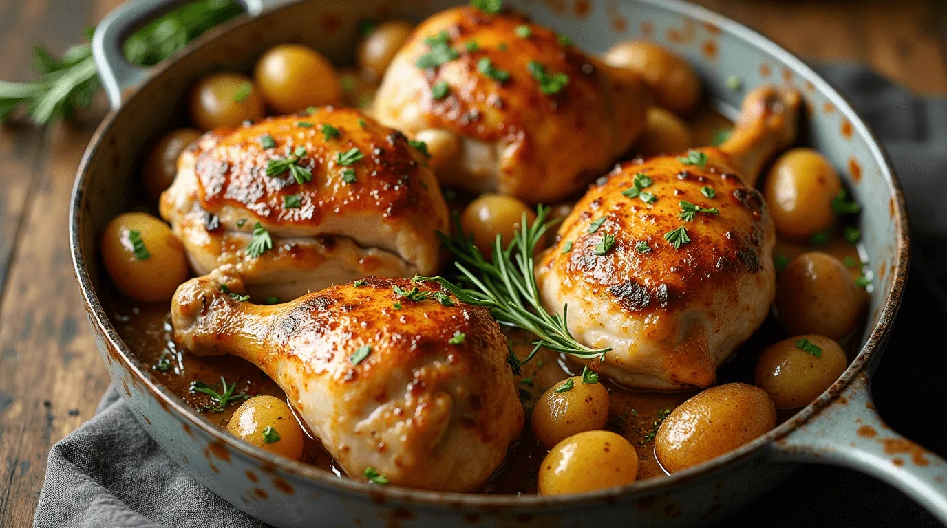 A delicious one-pan chicken and potatoes dish with crispy, golden chicken thighs and drumsticks, roasted baby potatoes, and garnished with fresh herbs, olive oil, and lemon juice. Perfect for a comforting weeknight dinner.