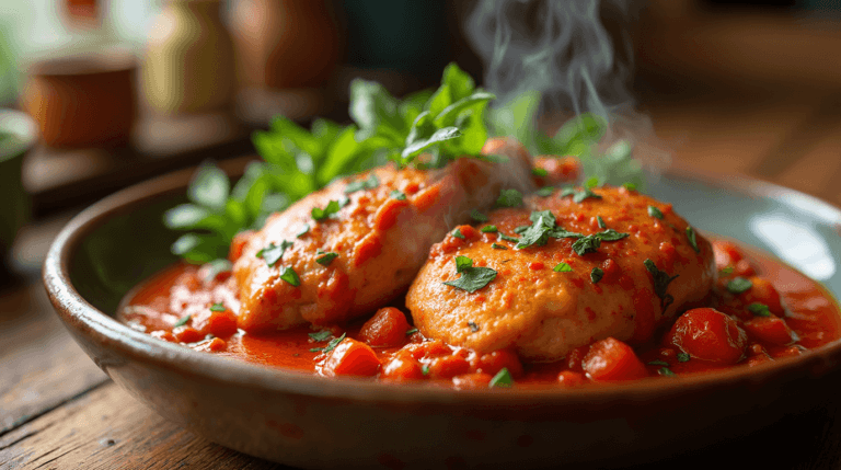 Easy Tomato Chicken Recipe – Juicy chicken thighs simmered in a rich tomato sauce with garlic and ginger, garnished with fresh herbs, served in a rustic bowl