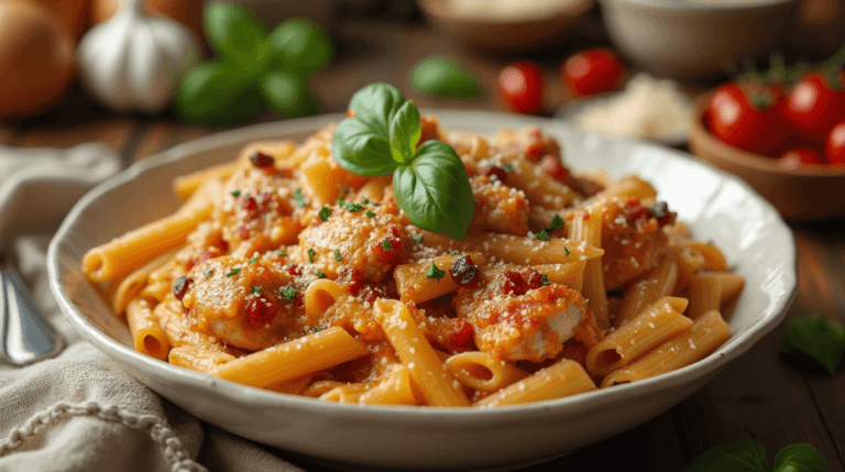 A bowl of creamy Marry Me Chicken Pasta featuring penne pasta, golden seared chicken, and sun-dried tomato sauce, topped with fresh basil and parmesan.