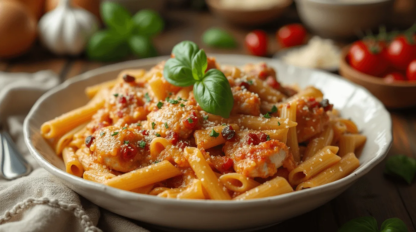 A bowl of creamy Marry Me Chicken Pasta featuring penne pasta, golden seared chicken, and sun-dried tomato sauce, topped with fresh basil and parmesan.
