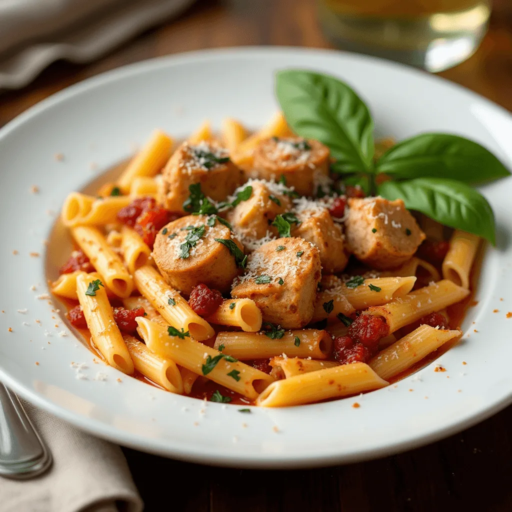 A plate of Marry Me Chicken Pasta with creamy sun-dried tomato sauce, tender chicken pieces, and fresh basil, served on a rustic wooden table.
