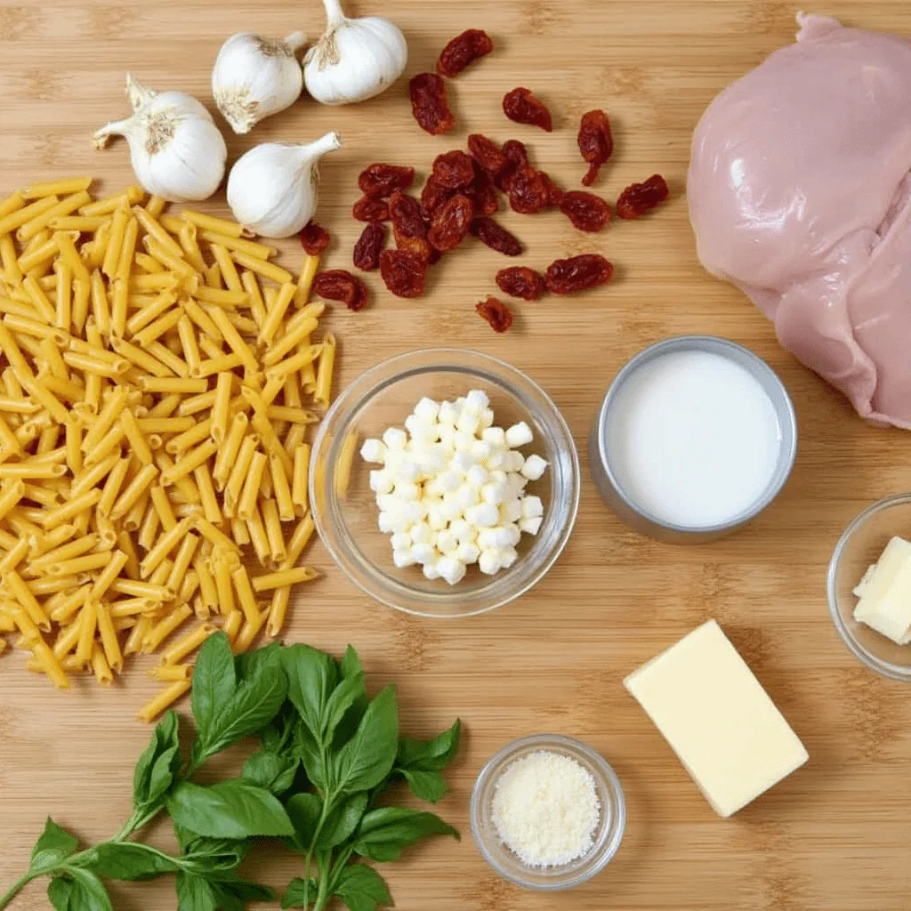 Ingredients for Marry Me Chicken Pasta, including raw chicken, penne pasta, sun-dried tomatoes, garlic, fresh basil, heavy cream, parmesan, and butter.