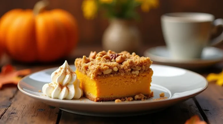 A slice of easy pumpkin dessert with a golden crumbly topping and creamy pumpkin custard, garnished with whipped cream and cinnamon on a rustic wooden table with fall-themed decorations.