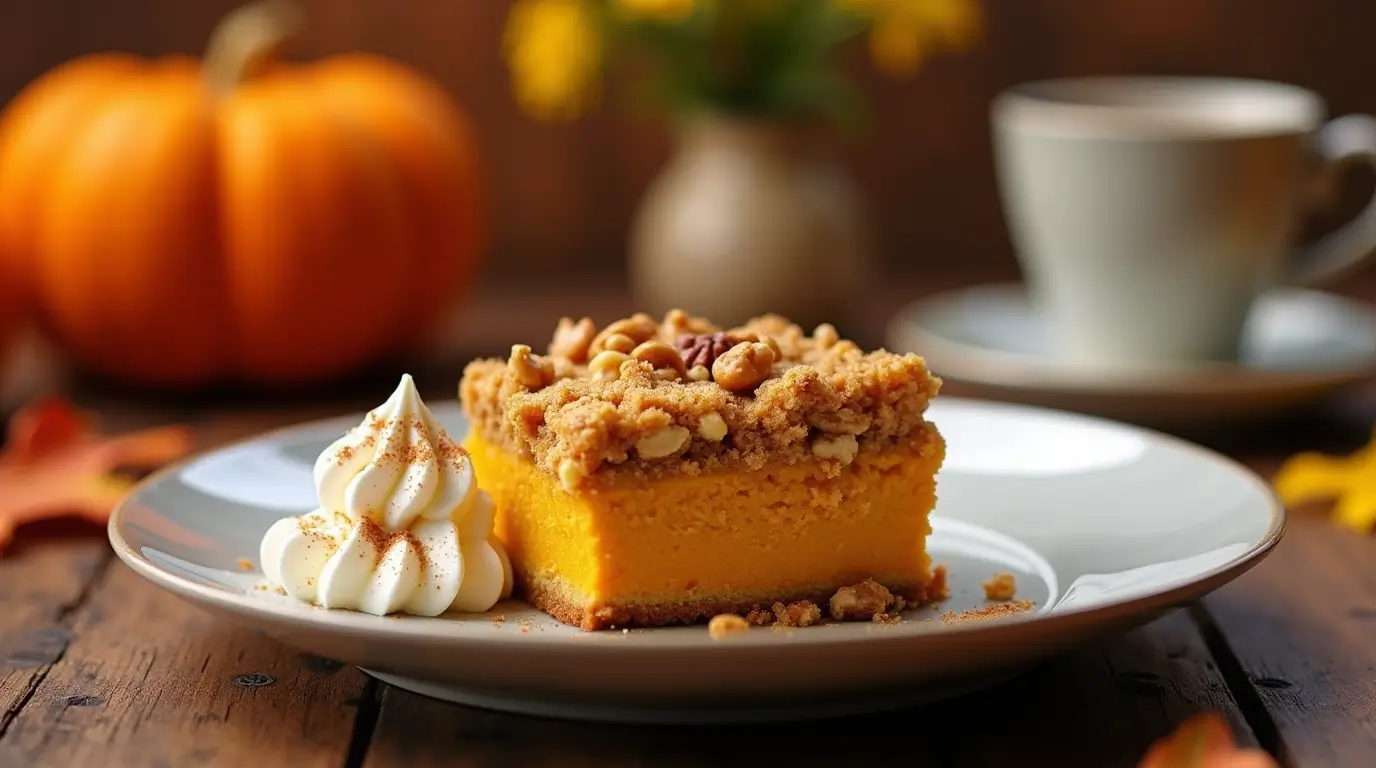 A slice of easy pumpkin dessert with a golden crumbly topping and creamy pumpkin custard, garnished with whipped cream and cinnamon on a rustic wooden table with fall-themed decorations.