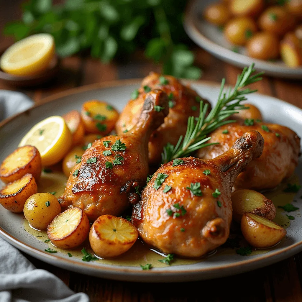 One-pan chicken and potatoes with crispy chicken, roasted baby potatoes, and fresh herbs, set on a rustic wooden table.