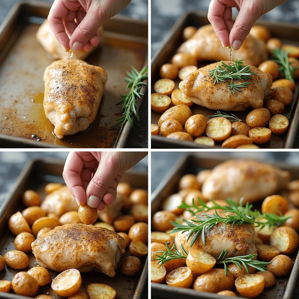 Step-by-step preparation of one-pan chicken and potatoes, featuring seasoned chicken thighs and drumsticks, halved baby potatoes, and fresh herbs, all ready for roasting into a comforting meal.