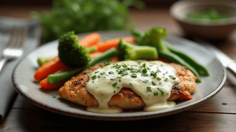 Easy Cream Cheese Chicken served with a creamy garlic herb sauce and vibrant steamed vegetables on a rustic wooden table.
