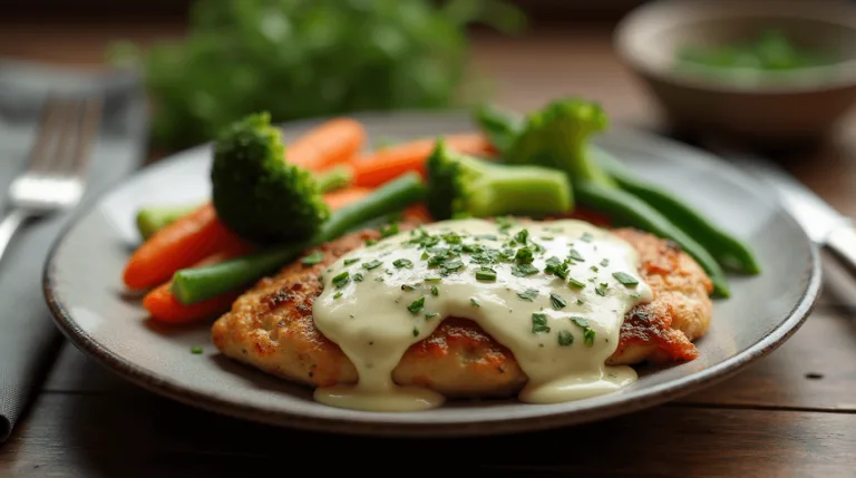 Easy Cream Cheese Chicken served with a creamy garlic herb sauce and vibrant steamed vegetables on a rustic wooden table.