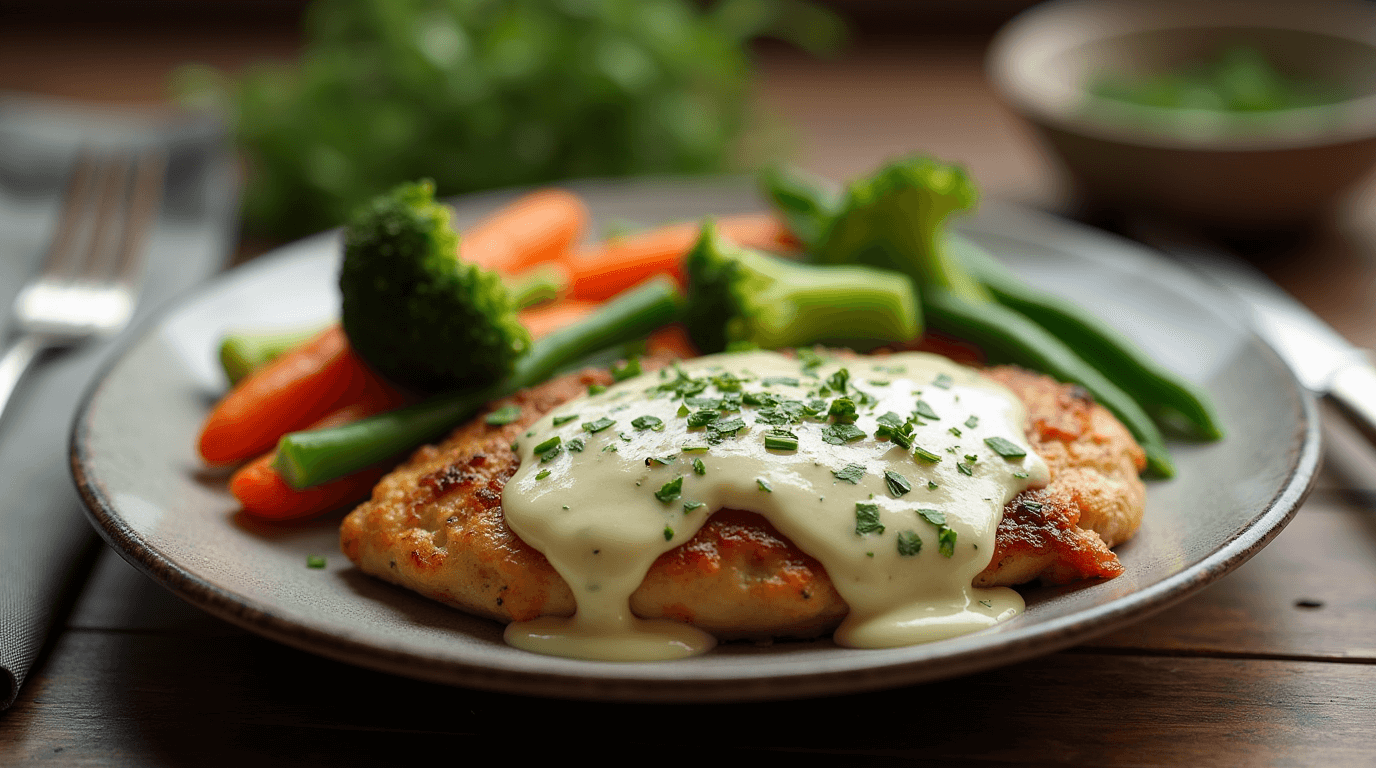 Easy Cream Cheese Chicken served with a creamy garlic herb sauce and vibrant steamed vegetables on a rustic wooden table.
