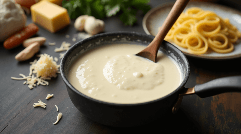 Easy Homemade Alfredo Sauce, surrounded by fresh ingredients like Parmesan cheese, mozzarella, minced garlic, and butter, with a plate of fettuccine pasta in the background.