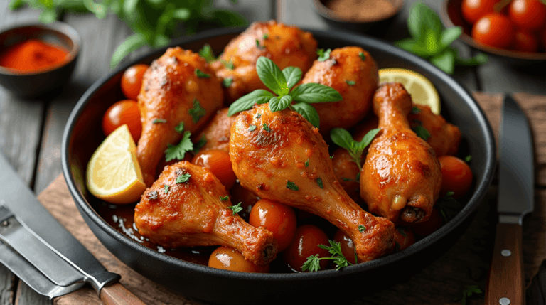 Easy baked chicken drumsticks with herbs and lemon, served on a rustic table with soft lighting and cozy props.
