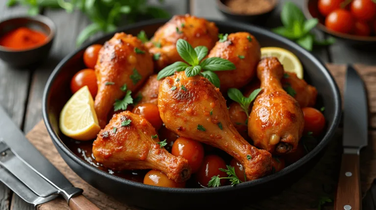 Easy baked chicken drumsticks with herbs and lemon, served on a rustic table with soft lighting and cozy props.