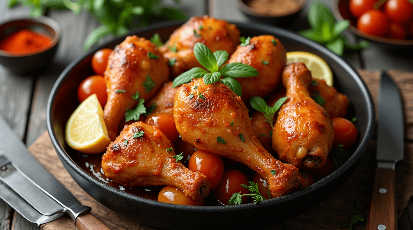Easy baked chicken drumsticks with herbs and lemon, served on a rustic table with soft lighting and cozy props.