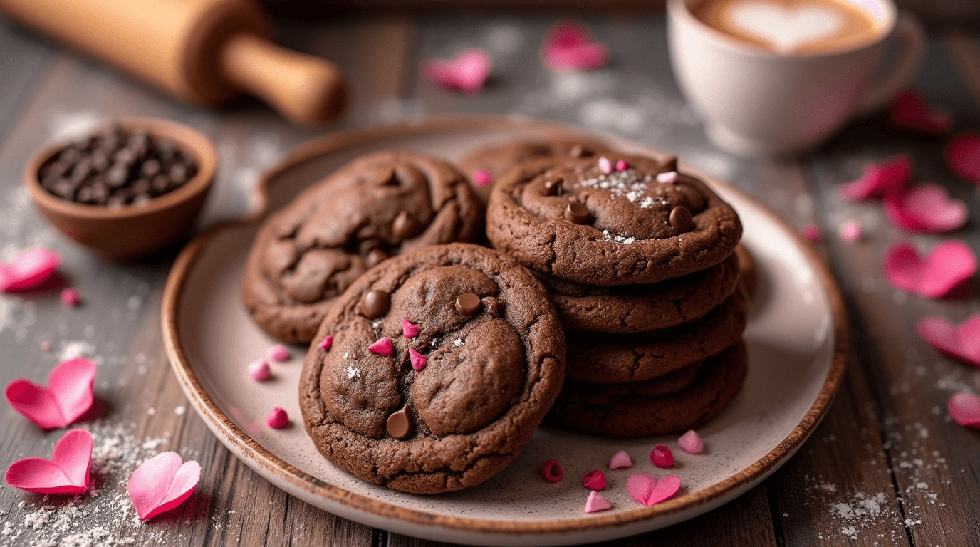 Freshly baked double chocolate chip cookies with rich, chocolatey flavor and visible chocolate chips, arranged on a rustic baking sheet and a heart-shaped plate. The cookies have slightly crispy edges and soft, chewy centers, perfect for Valentine's Day. Includes Valentine's-themed elements like pink and red sprinkles, a dusting of powdered sugar, and a drizzle of melted chocolate. Cozy background features a kitchen counter with a rolling pin, flour, a bowl of chocolate chips, and subtle romantic touches like a heart-shaped card, a cup of coffee with heart-shaped foam, and scattered rose petals. Warm, inviting, and indulgent Valentine's Day treat