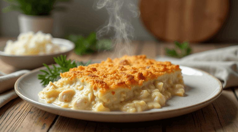 Easy Creamy Chicken Casserole served on a white plate with a golden, crispy cracker topping and a side of fluffy white rice