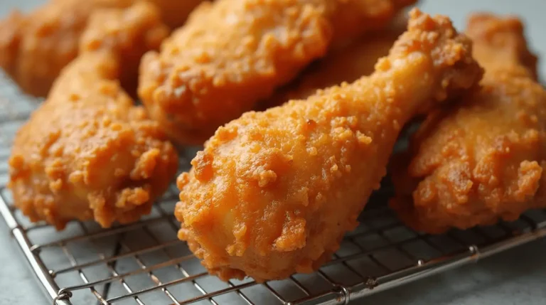 Golden, crispy fried chicken pieces on a wire rack, showcasing their crunchy, textured coating.