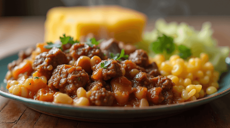 Ground beef and cabbage in a tomato-based sauce, served with cornbread and corn on the cob.