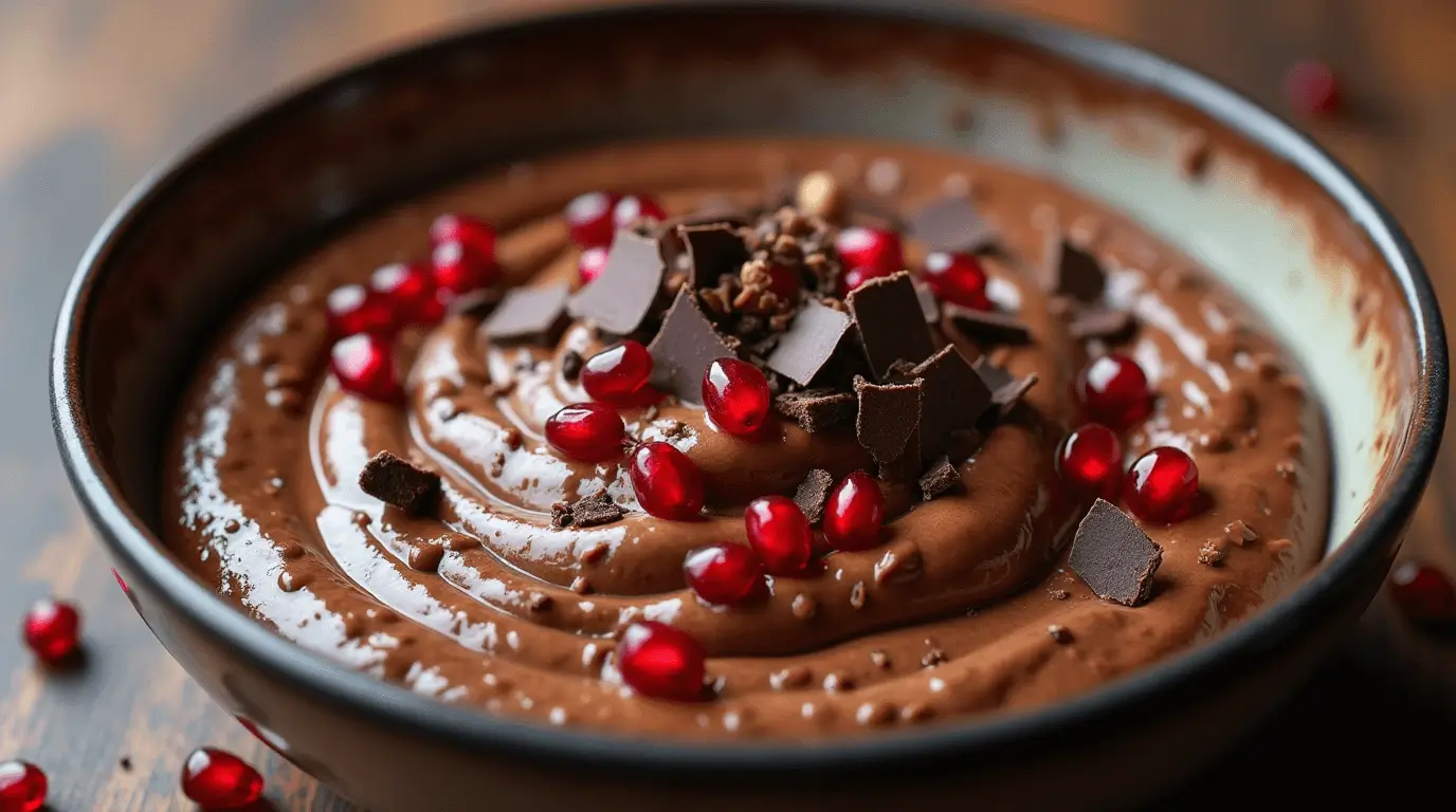 Rich and creamy chocolate cottage cheese dessert in a bowl,