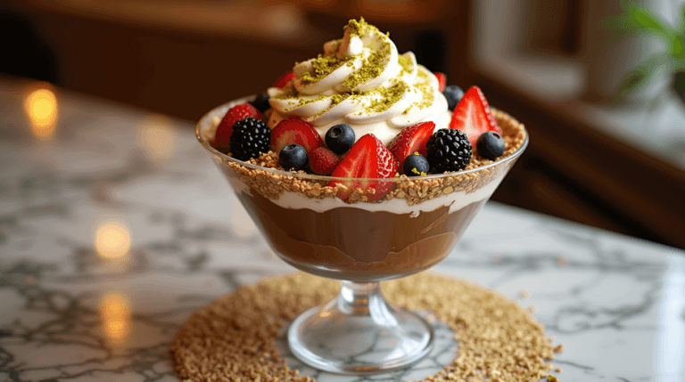 A luxurious Dubai Chocolate Berry Trifle with layers of milk chocolate