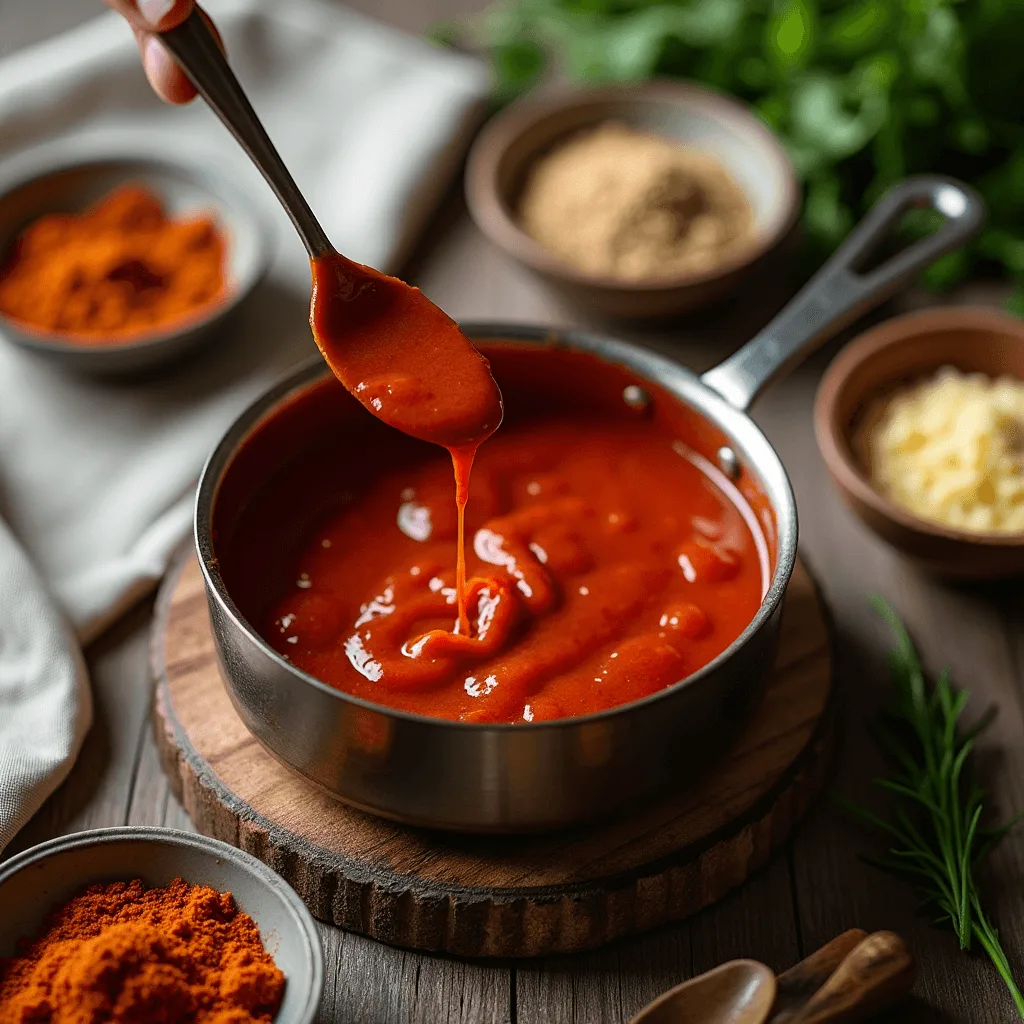 A saucepan with homemade taco sauce being stirred, surrounded by spices on a rustic wooden table, with soft natural lighting and a warm, inviting atmosphere.