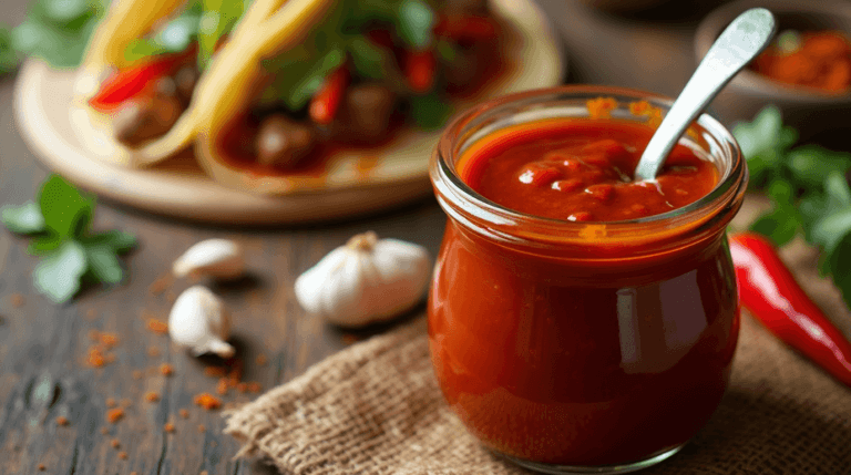 Homemade taco sauce in a jar with chili peppers and garlic on a rustic table, with a taco drizzled with the sauce in the background.