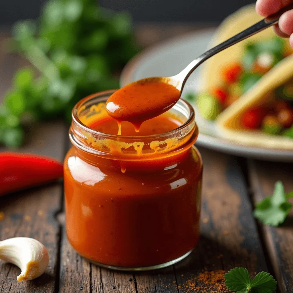 A jar of homemade taco sauce with a spoon showcasing its rich texture, surrounded by fresh ingredients on a rustic wooden table, with a taco drizzled with the sauce in the background.
