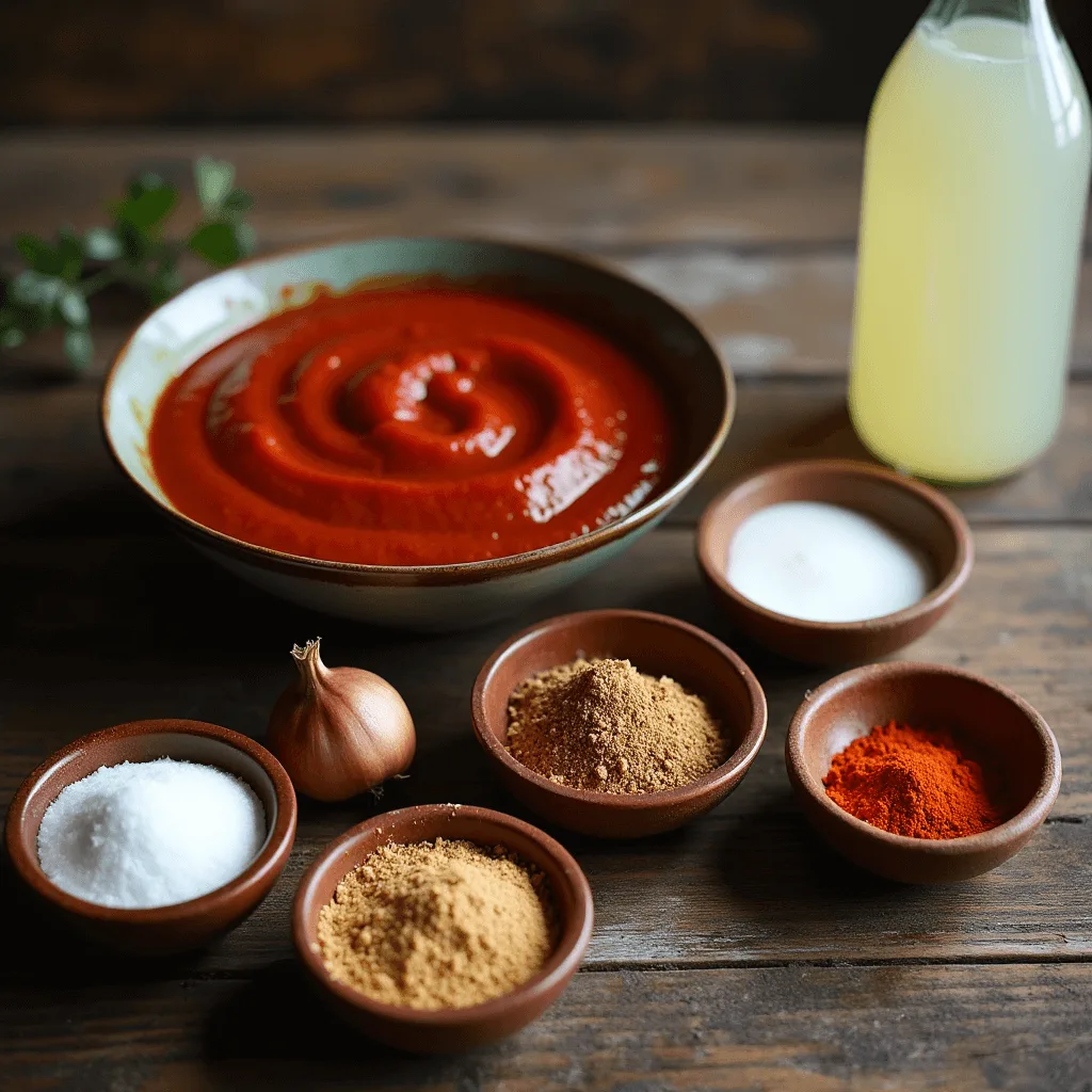 Homemade taco sauce ingredients on a rustic wooden table, including tomato sauce, spices, and vinegar.