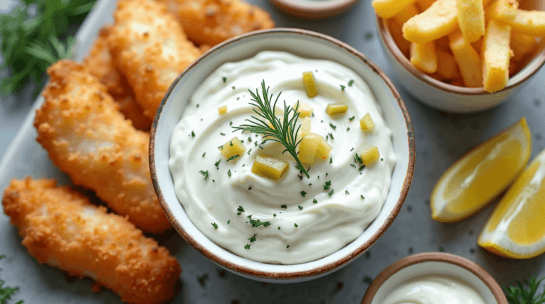 A bowl of creamy homemade tartar sauce garnished with fresh dill and chopped pickles, surrounded by lemon wedges, dill sprigs, and crispy fish fillets on a rustic wooden surface.