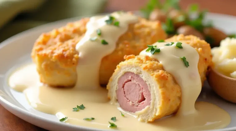 A plate of Easy Baked Chicken Cordon Bleu with a creamy sauce, golden crust, and melted Swiss cheese, garnished with parsley and served with roasted vegetables.