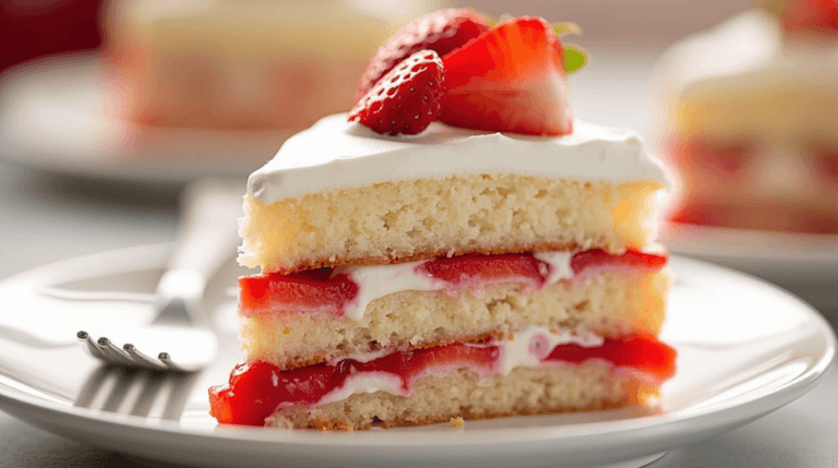 A slice of Easy Strawberry Poke Cake on a white plate