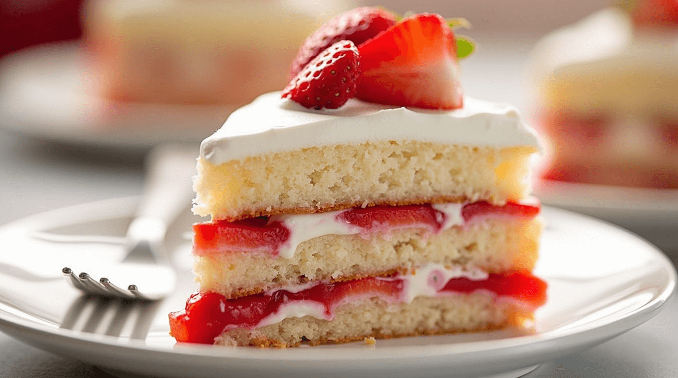 A slice of Easy Strawberry Poke Cake on a white plate