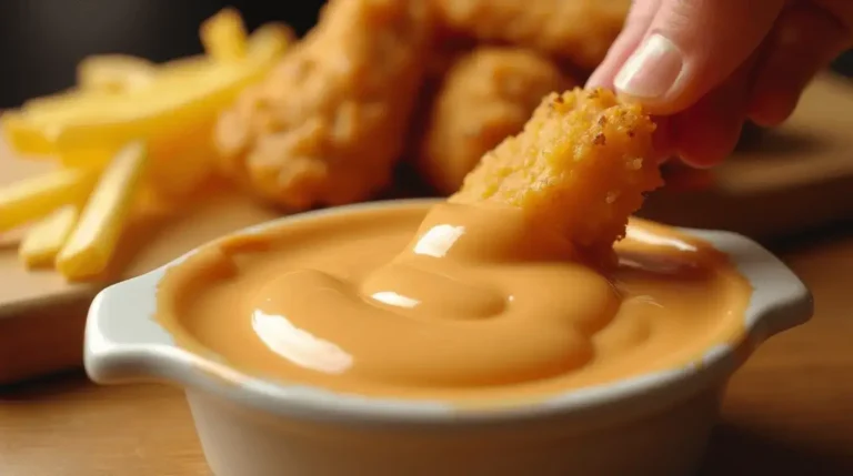 A bowl of homemade Chick-Fil-A sauce with a crispy chicken nugget being dipped, surrounded by golden fries and chicken tenders.