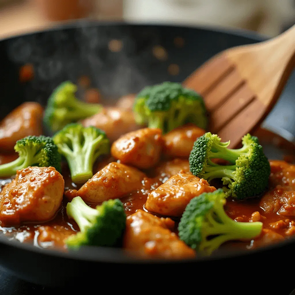 Close-up of Chicken & Broccoli Stir-Fry being cooked in a sizzling wok