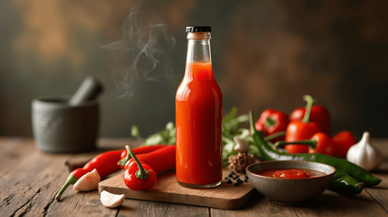 Homemade hot sauce in a glass bottle