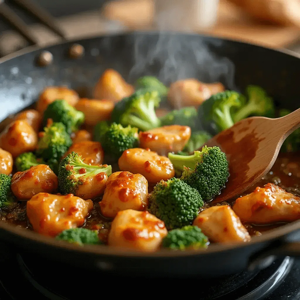 Golden-brown chicken pieces and vibrant green broccoli florets cooking together in a wok