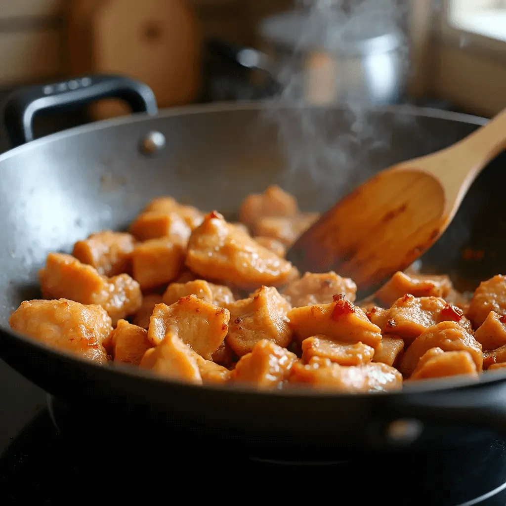 Golden-brown chicken pieces sizzling in a wok on a stovetop,