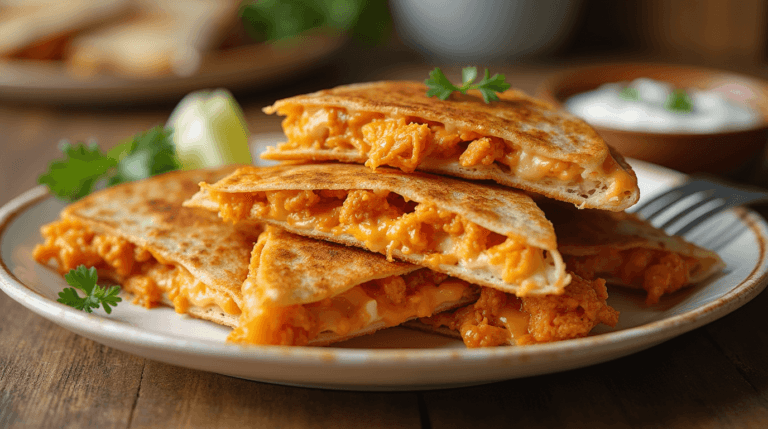 Cheesy Homemade Buffalo Chicken Quesadillas with zesty buffalo sauce and creamy ranch.