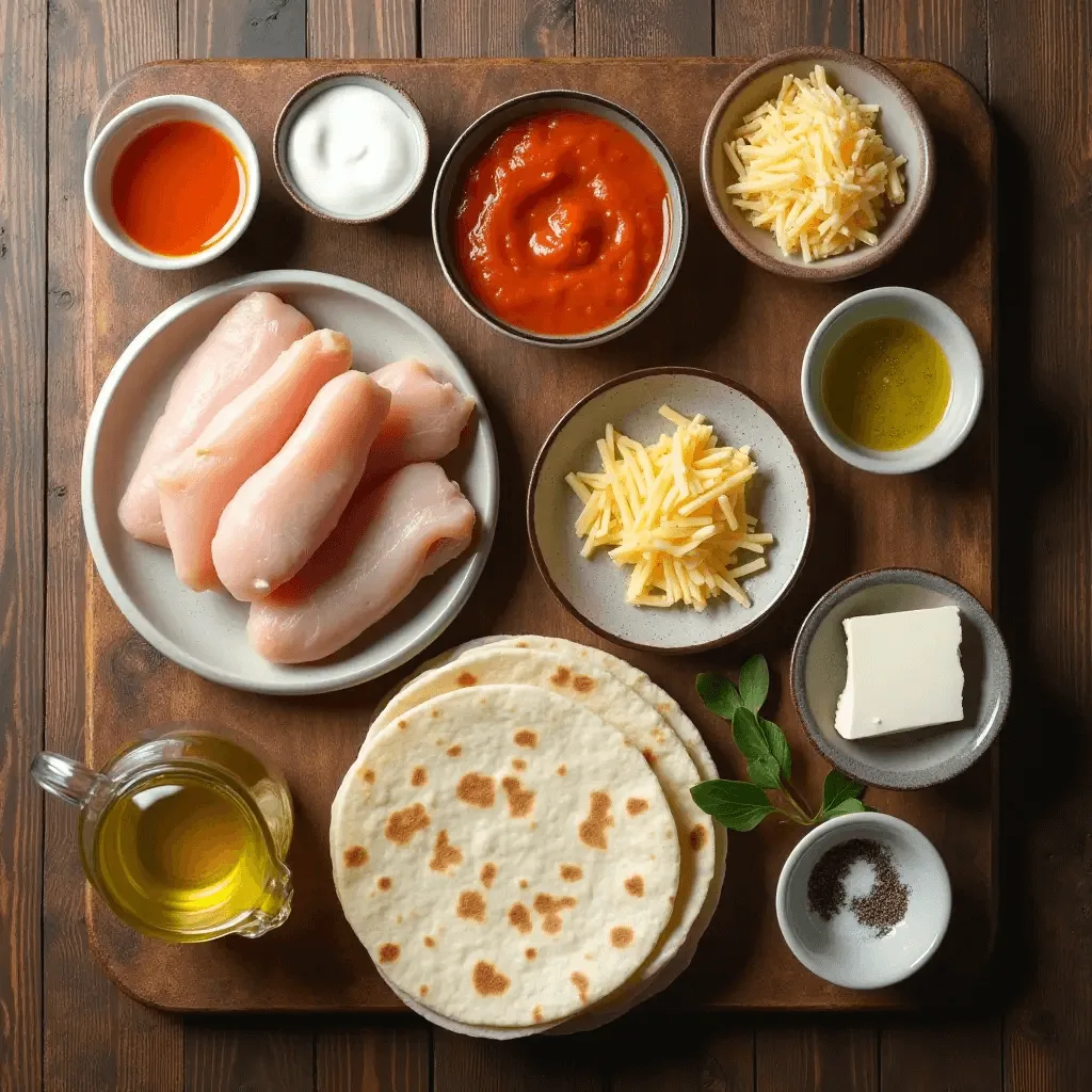 Ingredients for Homemade Buffalo Chicken Quesadillas for busy weeknights