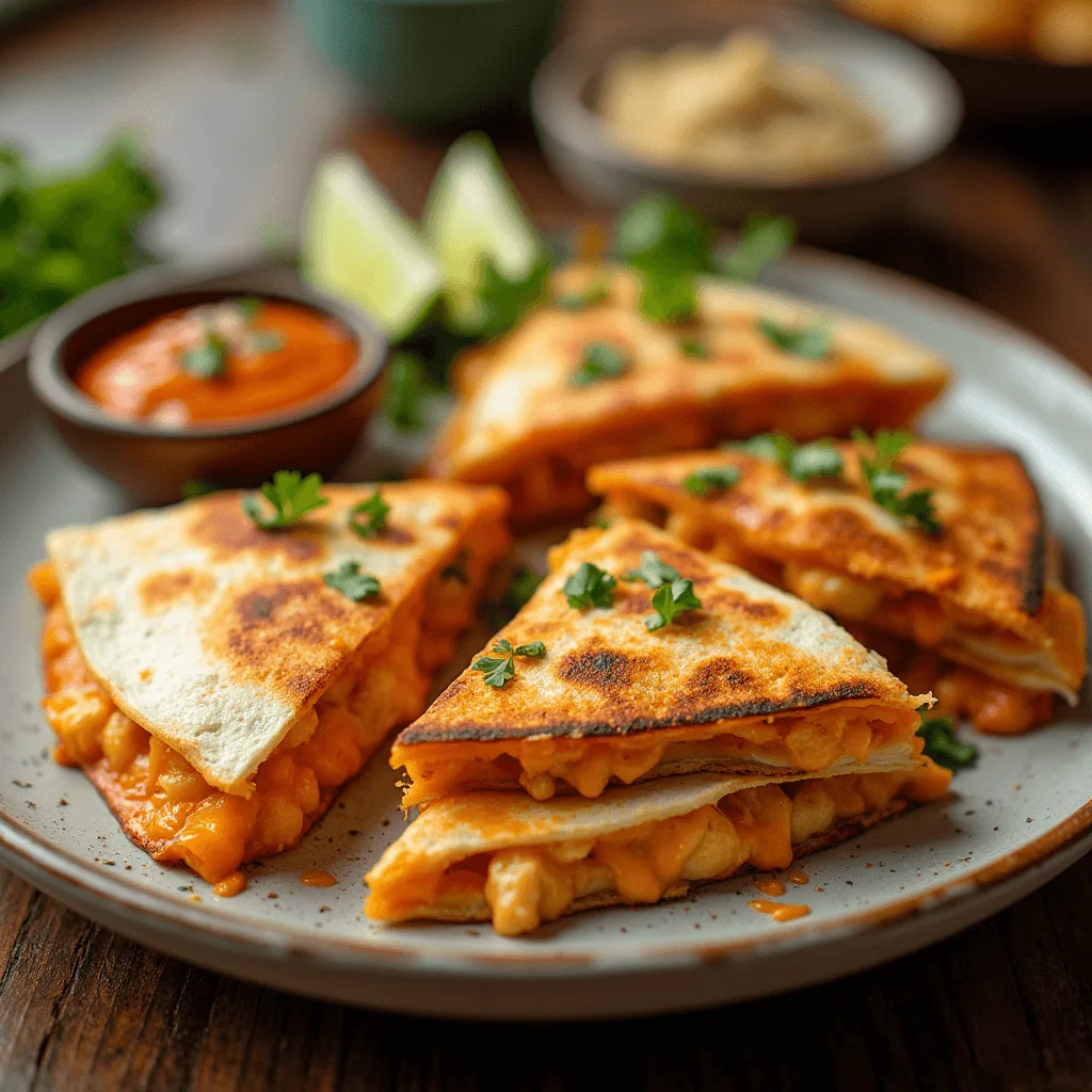 Golden Homemade Buffalo Chicken Quesadillas with creamy ranch-infused filling, zesty buffalo sauce, and garnishes, ready to serve.