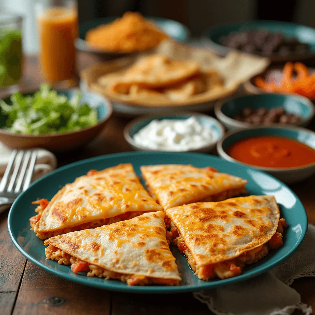 Serving suggestions for Homemade Buffalo Chicken Quesadillas with dips, cilantro-lime rice, black beans, fresh salad, and pickled veggies.