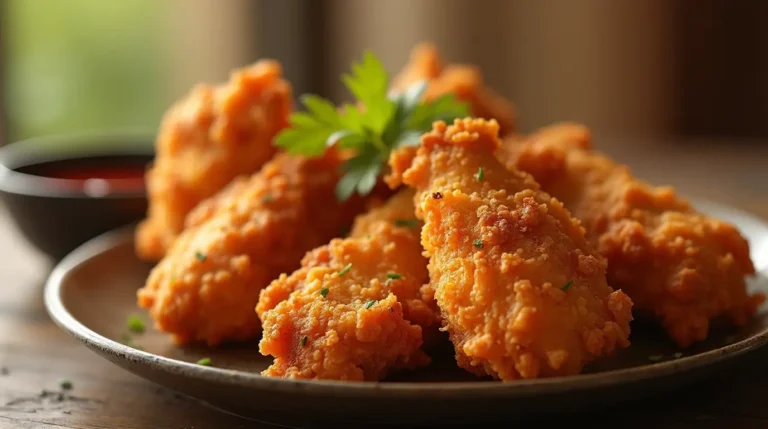 Crispy fried chicken with golden-brown, extra-crunchy perfection, garnished with fresh herbs and served with a dipping sauce