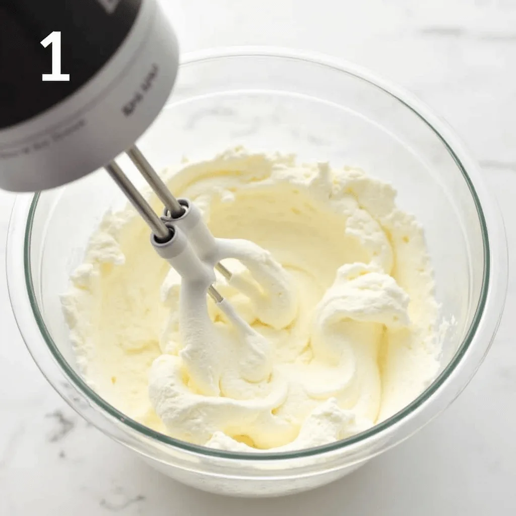 A hand mixer beating softened cream cheese for 2-3 minutes until light and fluffy, creating a smooth and airy texture.