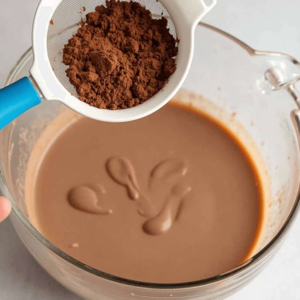 Sifting cocoa powder, sweetener, and salt into the cream cheese mixture in small increments, ensuring a smooth consistency without lumps.