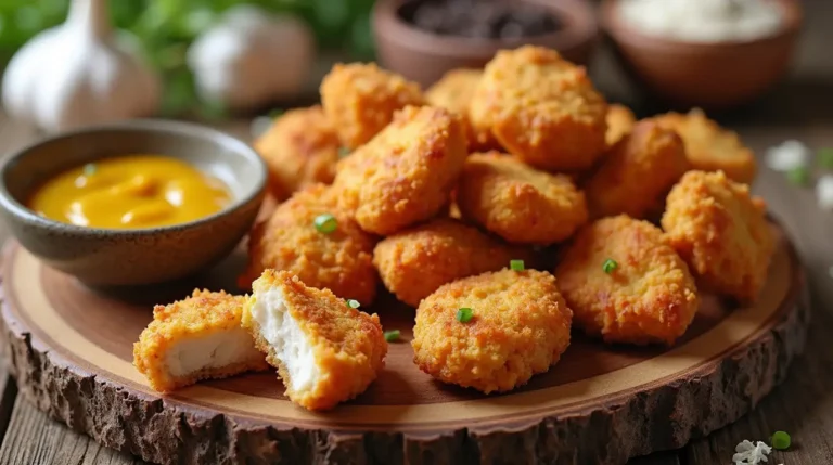 Golden, crispy homemade chicken nuggets served with dipping sauces on a rustic wooden board.
