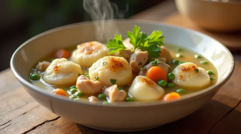 A bowl of creamy Bisquick chicken and dumplings with fluffy dumplings, tender chicken, carrots, and peas in a rustic white ceramic bowl.