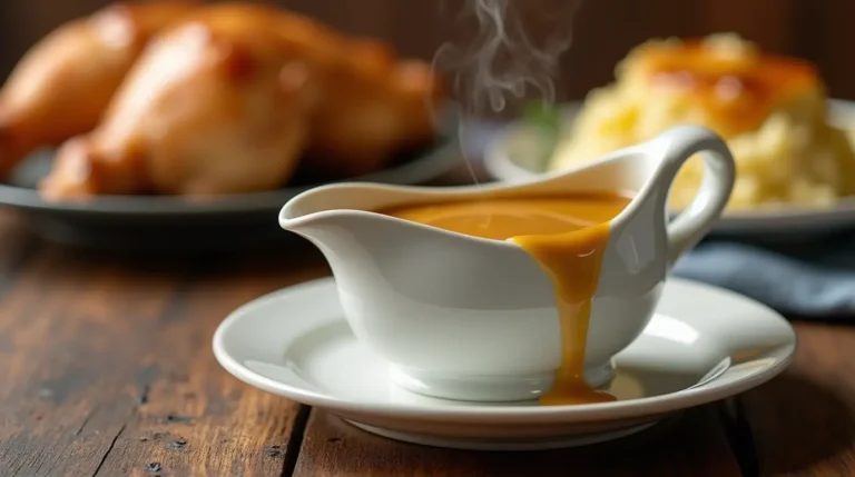 Easy Homemade Chicken Gravy (With or Without Drippings) served in a white gravy boat